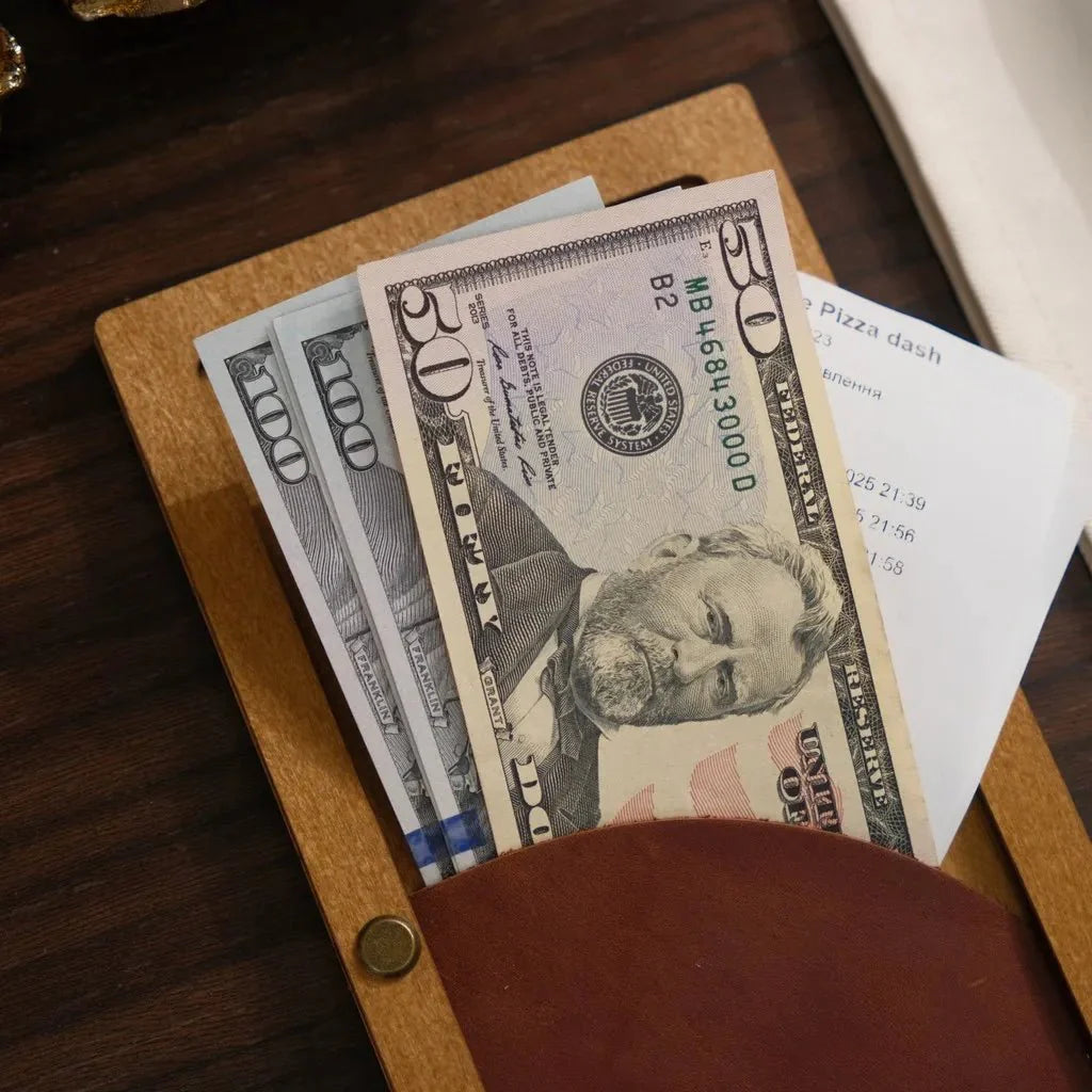 Luxury wooden bill presenter with premium craftsmanship.