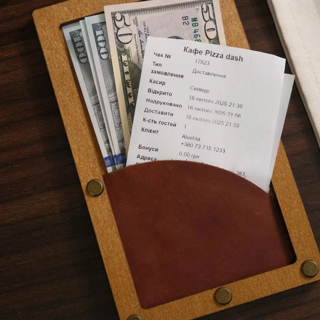Functional wooden bill holder with secure card slots.