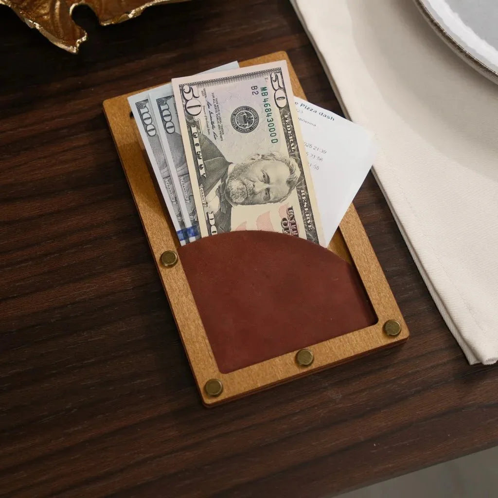 Engraved wooden check holder with a refined touch.