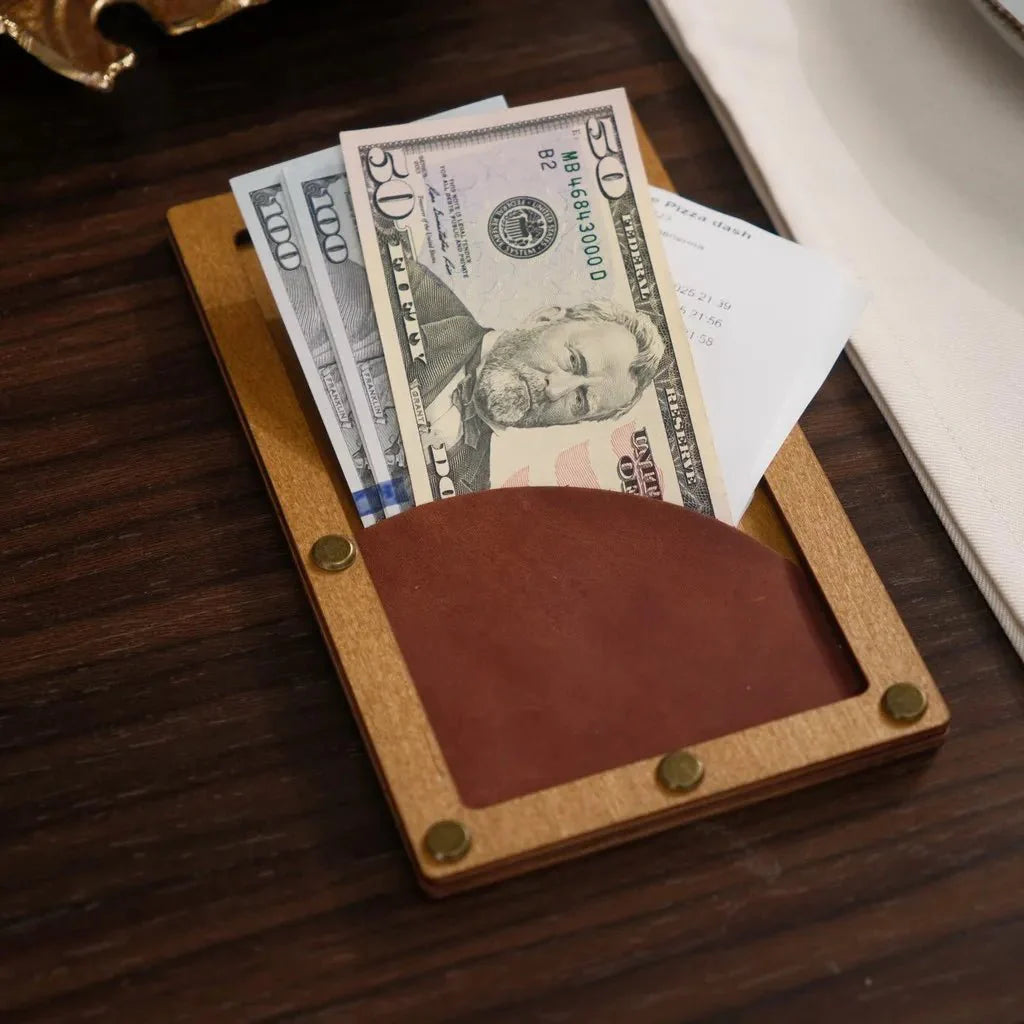 Handcrafted wooden check presenter for boutique cafés.
