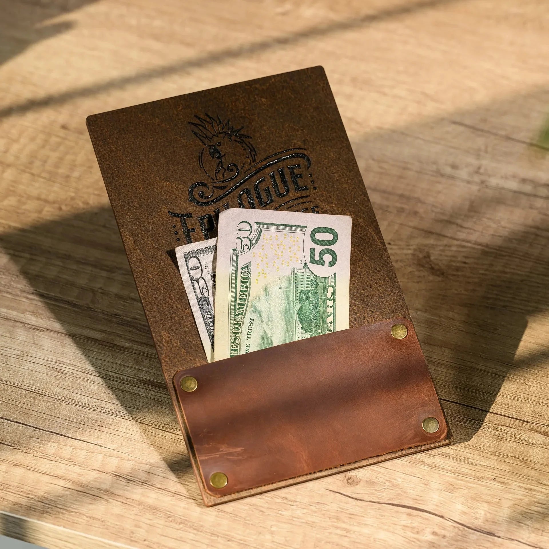 Wooden Bill Holder with Rectangular Leather Pocket (R202) - inkohoreca - shop