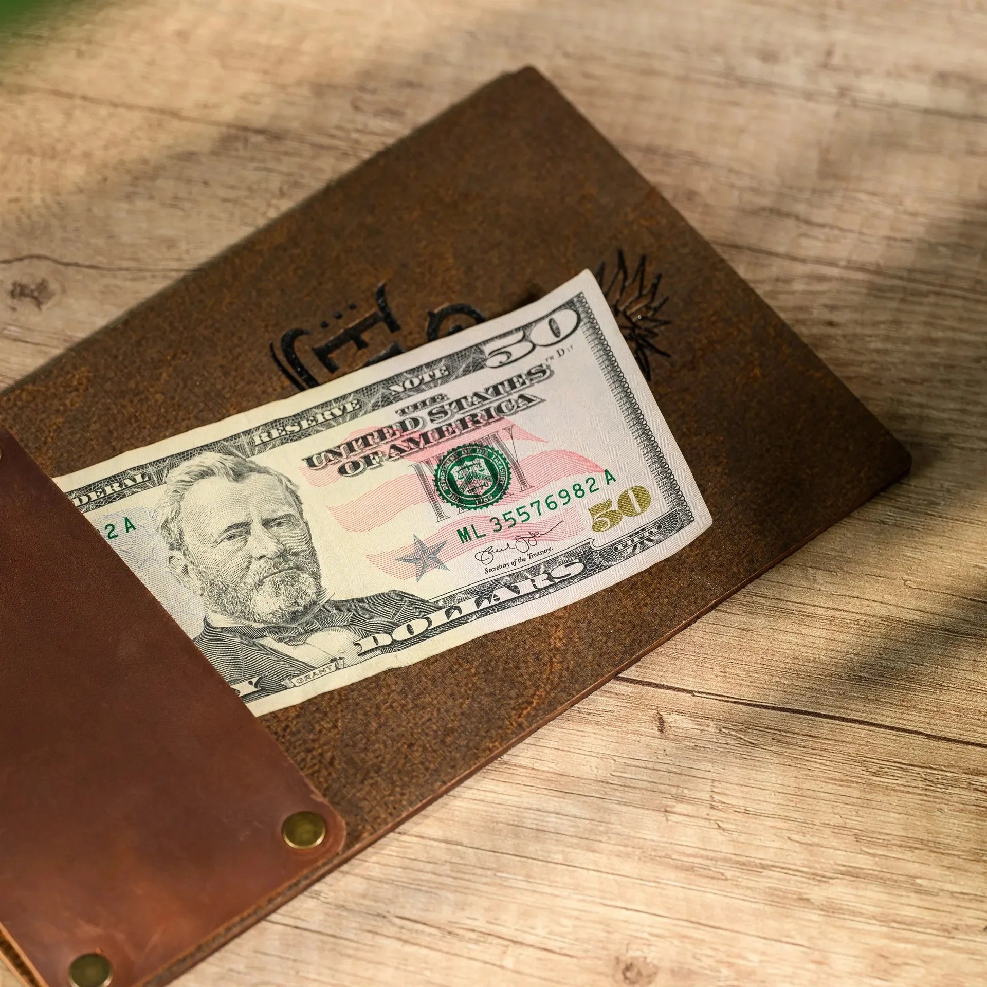 Wooden Bill Holder with Rectangular Leather Pocket (R202) - inkohoreca - shop