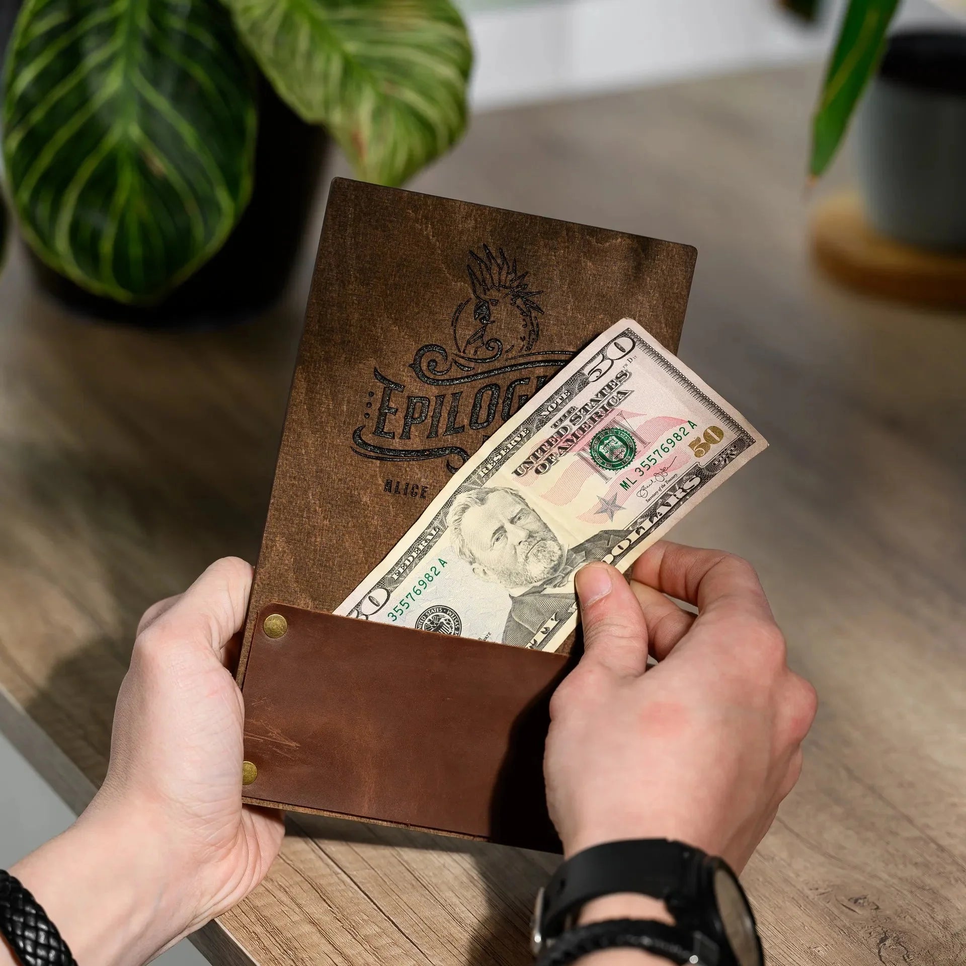 Wooden Bill Holder with Rectangular Leather Pocket (R202) - inkohoreca - shop
