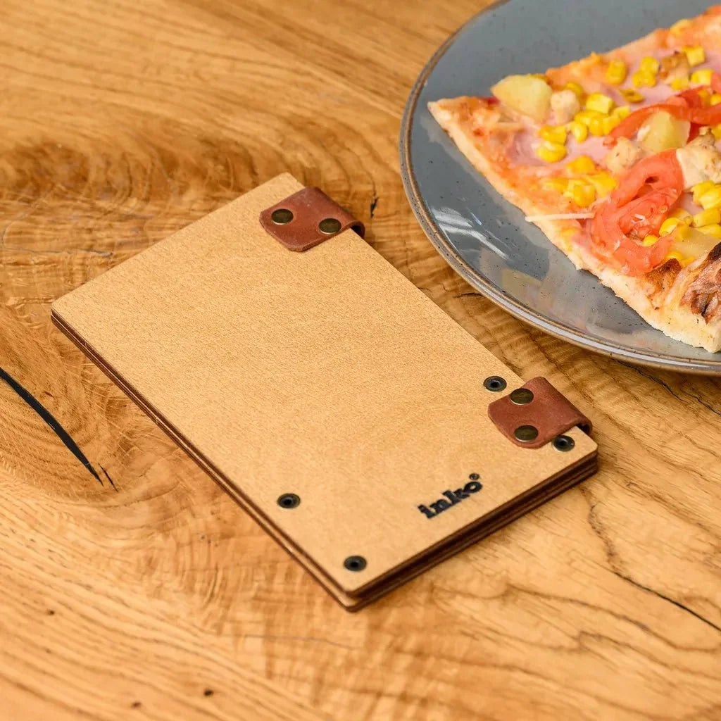 Stylish check holder with a natural wood grain.