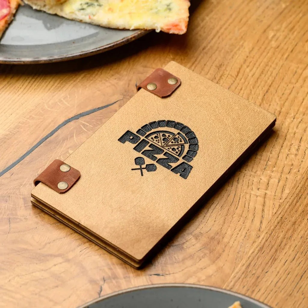 Custom wooden bill holder with engraved branding.