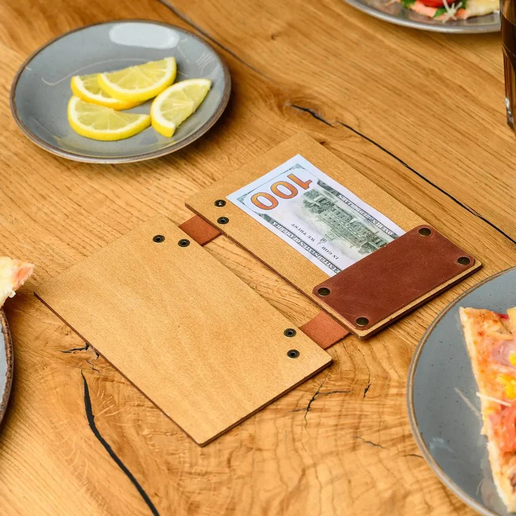 Sleek wooden bill presenter with a minimalist design.