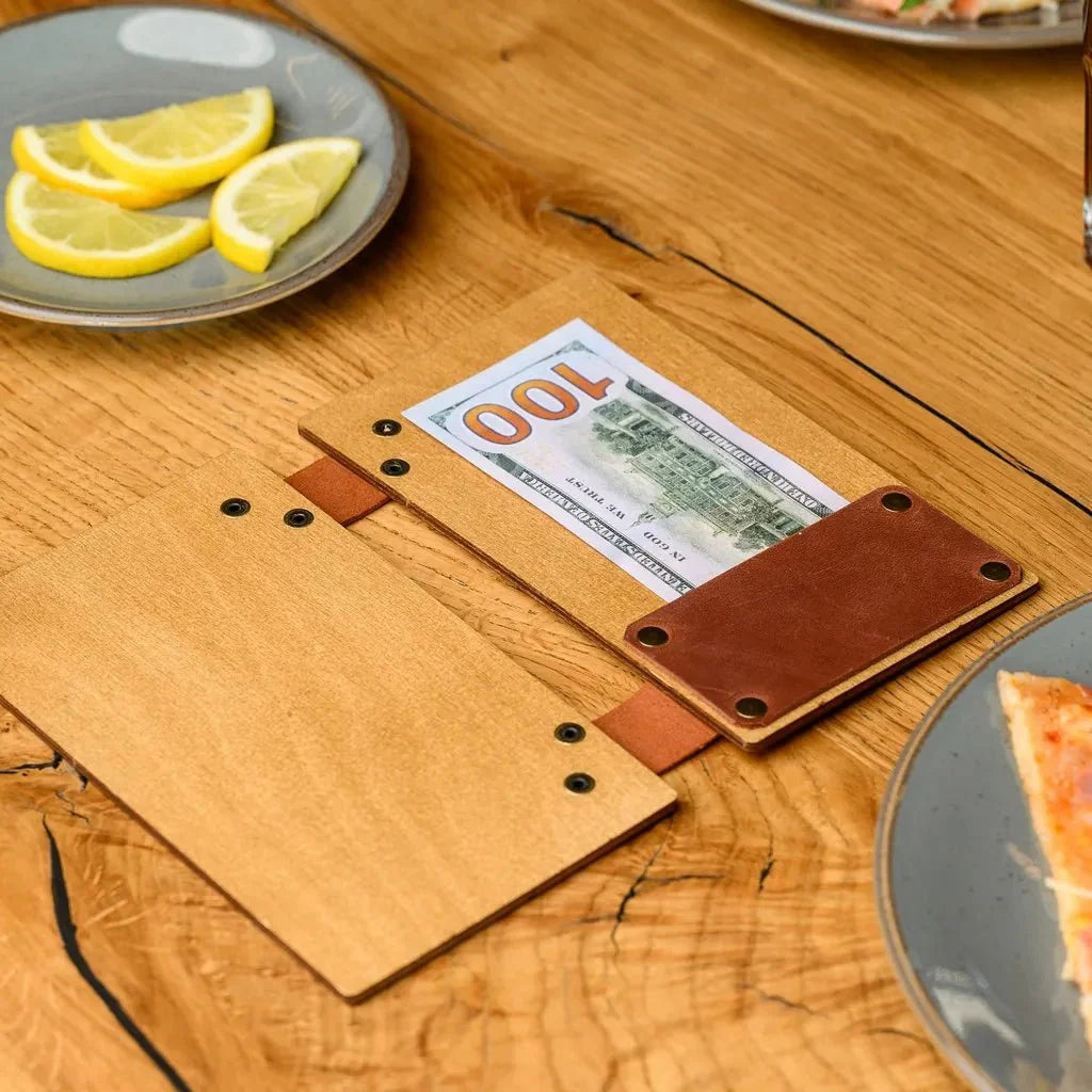 Durable bill presenter designed for upscale restaurants.