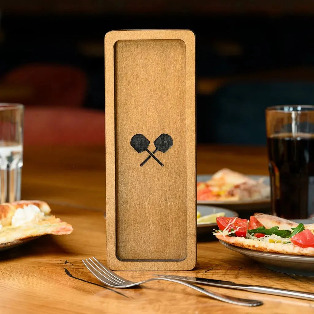 Stylish wooden cutlery holder for a rustic dining experience.