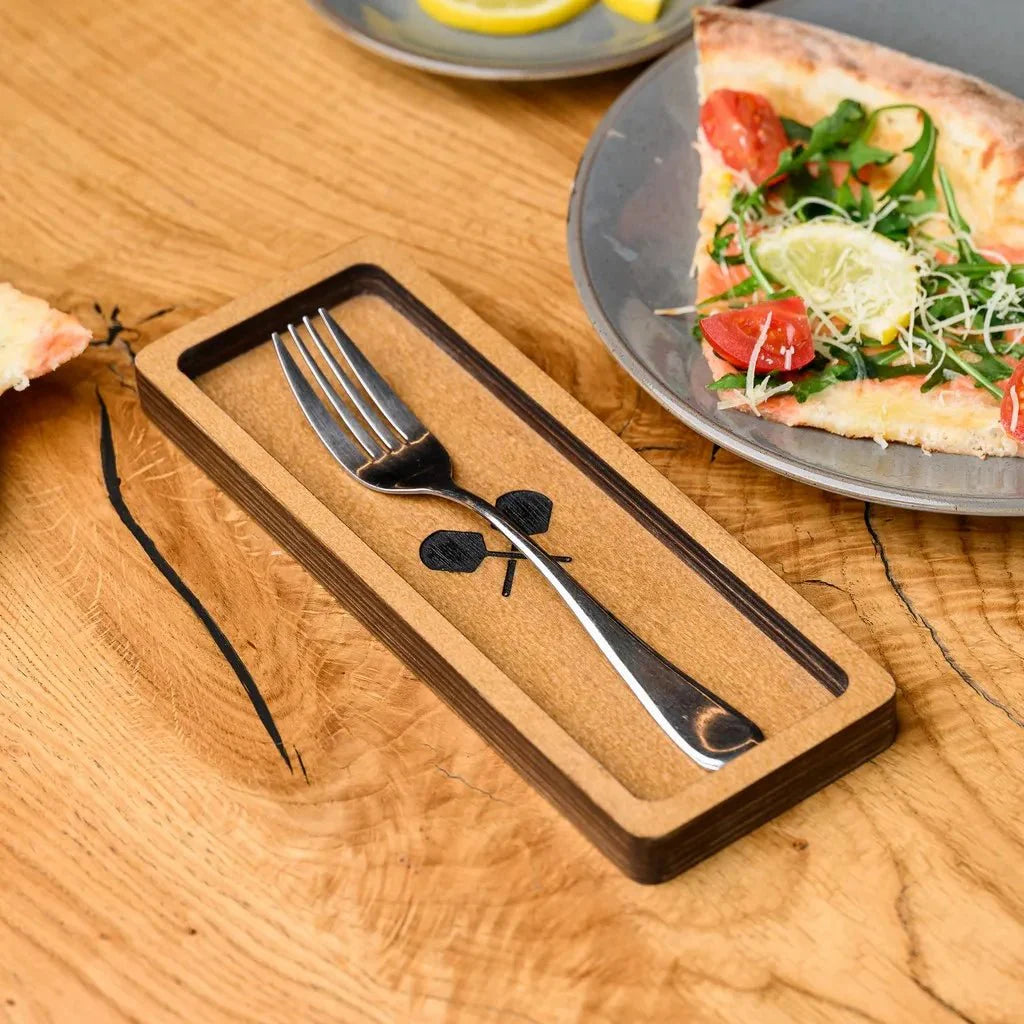 Personalized wooden cutlery holder with custom branding.