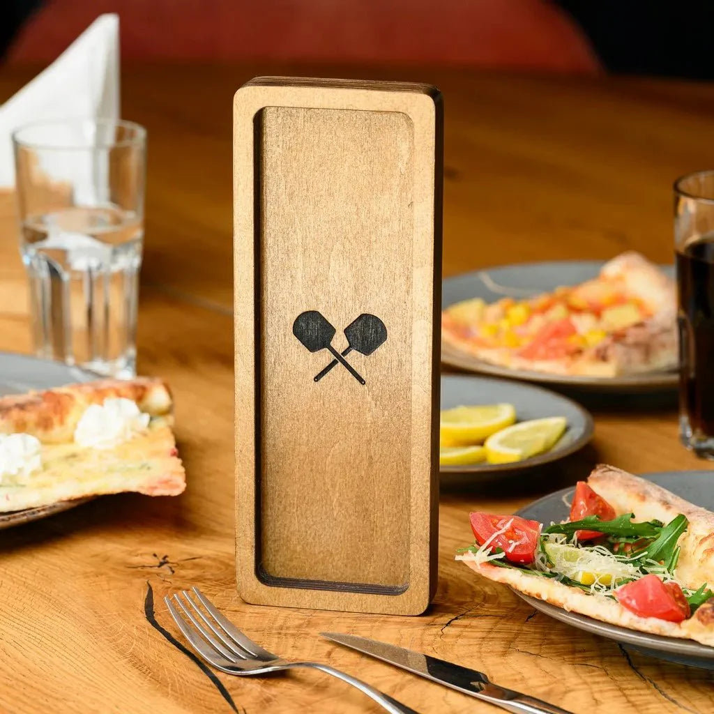 Custom wooden cutlery holder for restaurants and cafés.