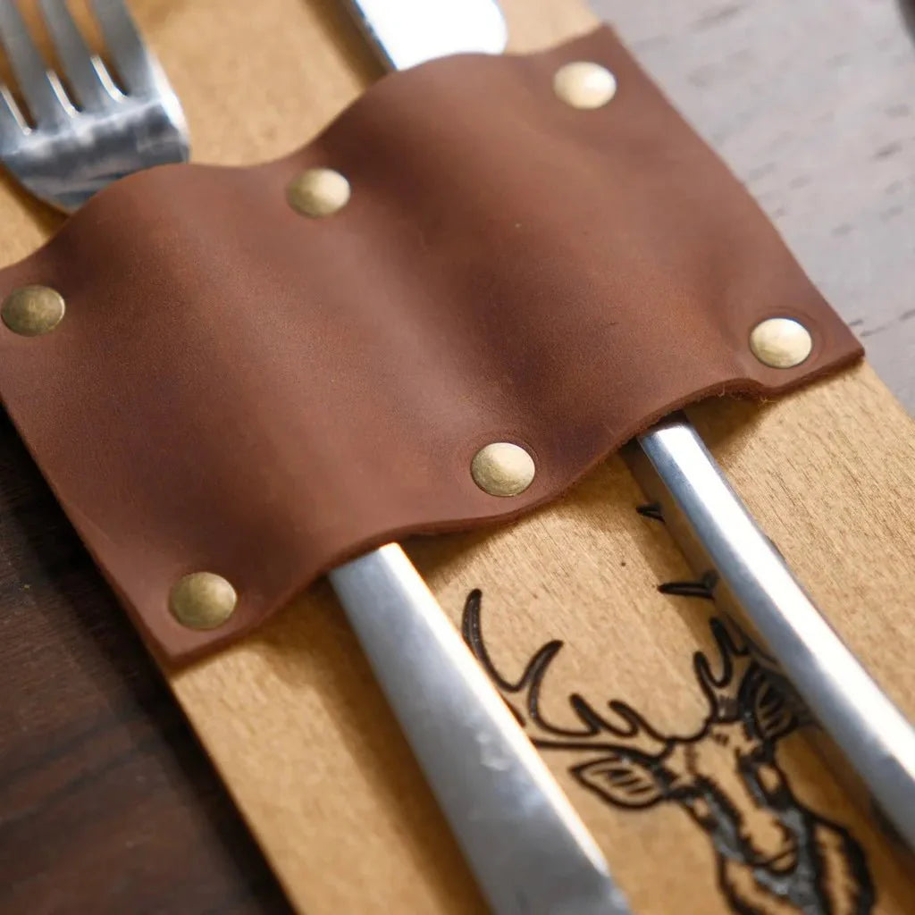 Custom engraved wooden cutlery holder for branding.