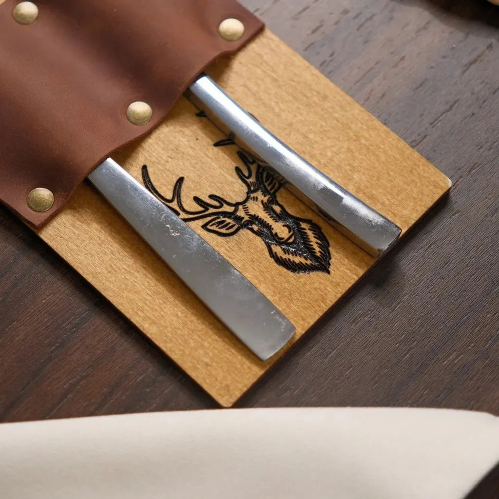 Customizable wood cutlery tray with engraved logo.