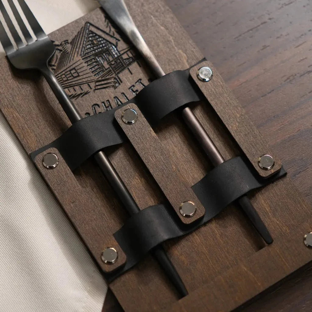Sophisticated wooden utensil bin with precise branding.