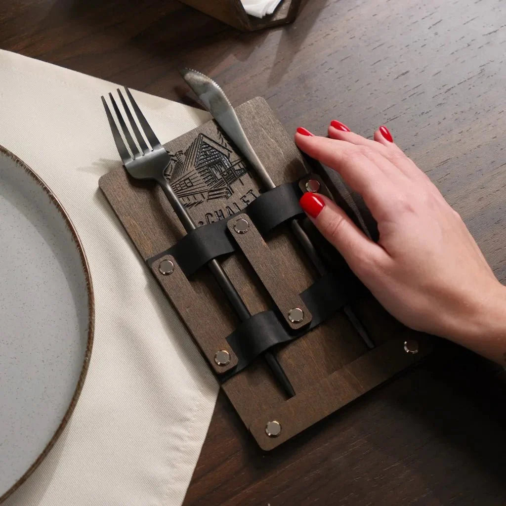 Premium wood cutlery caddy with deep logo engraving.