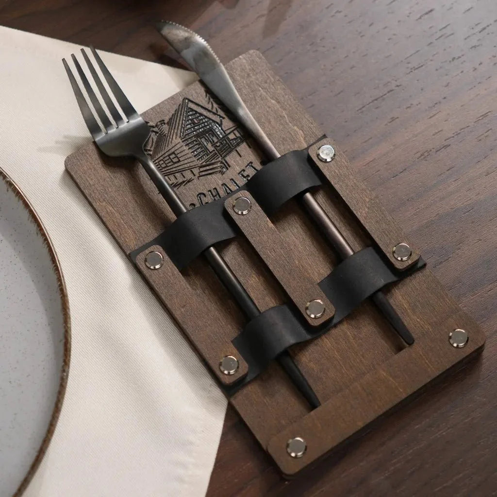 Handcrafted engraved wooden flatware organizer for restaurants.