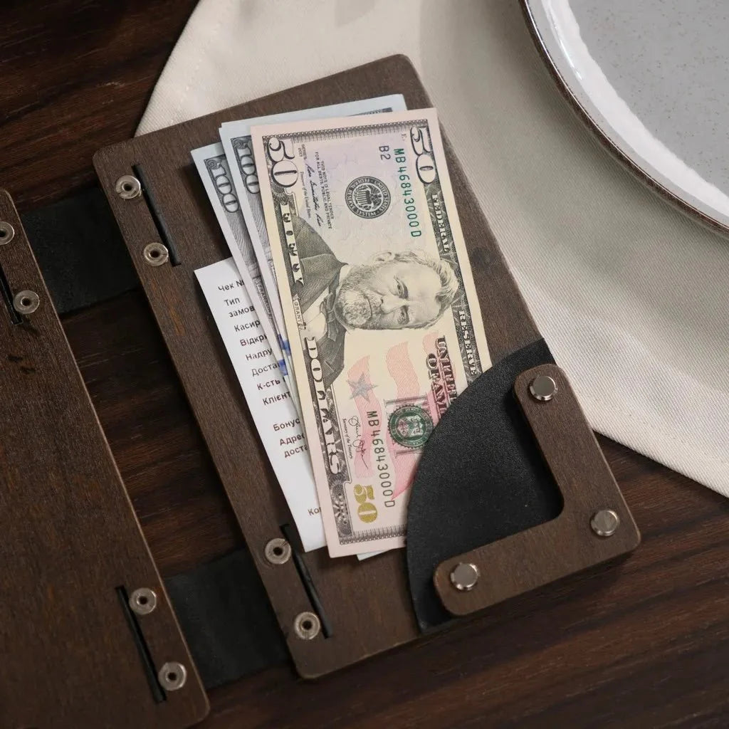 Handcrafted engraved wood check book for restaurants.
