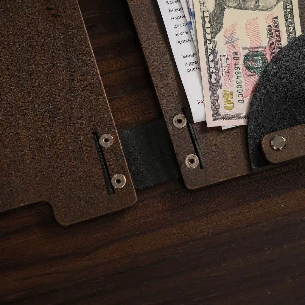 Modern engraved wooden check sleeve for a polished look.