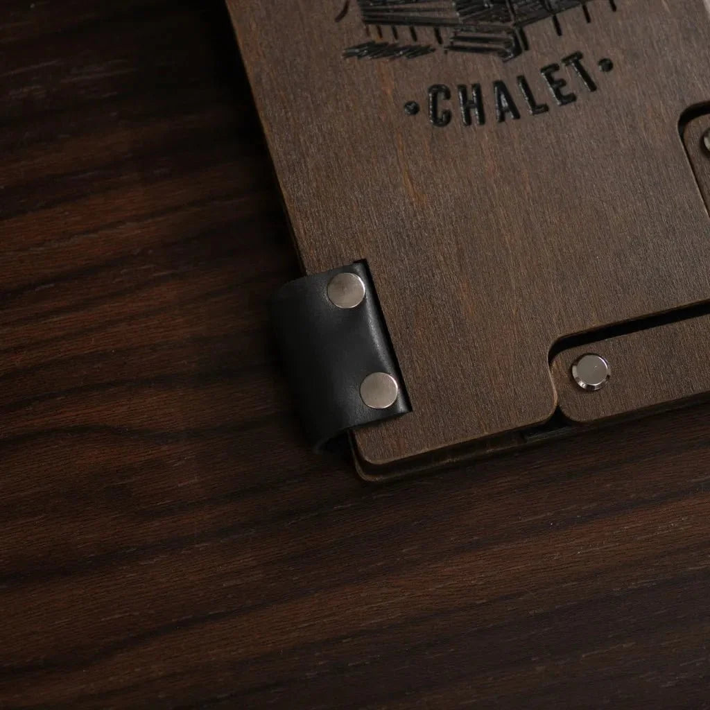 Premium wooden bill presenter with deep logo engraving.