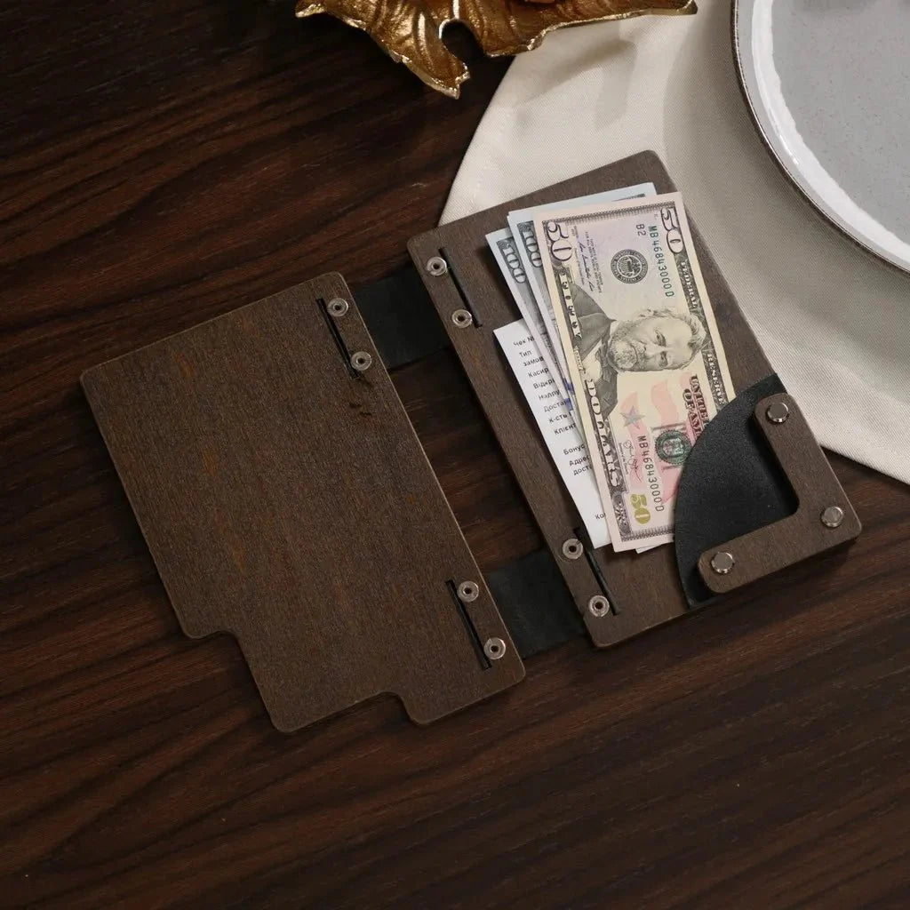 High-quality wooden bill wallet with personalized engraving.