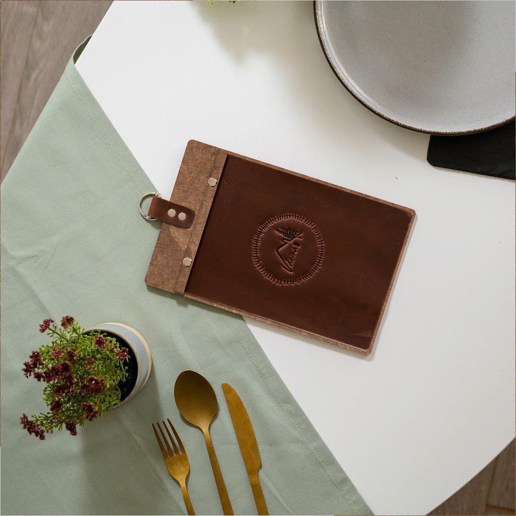 Wooden Menu Board with Crazy Horse Leather Cover and Handling (P02A5) - inkohoreca - shop