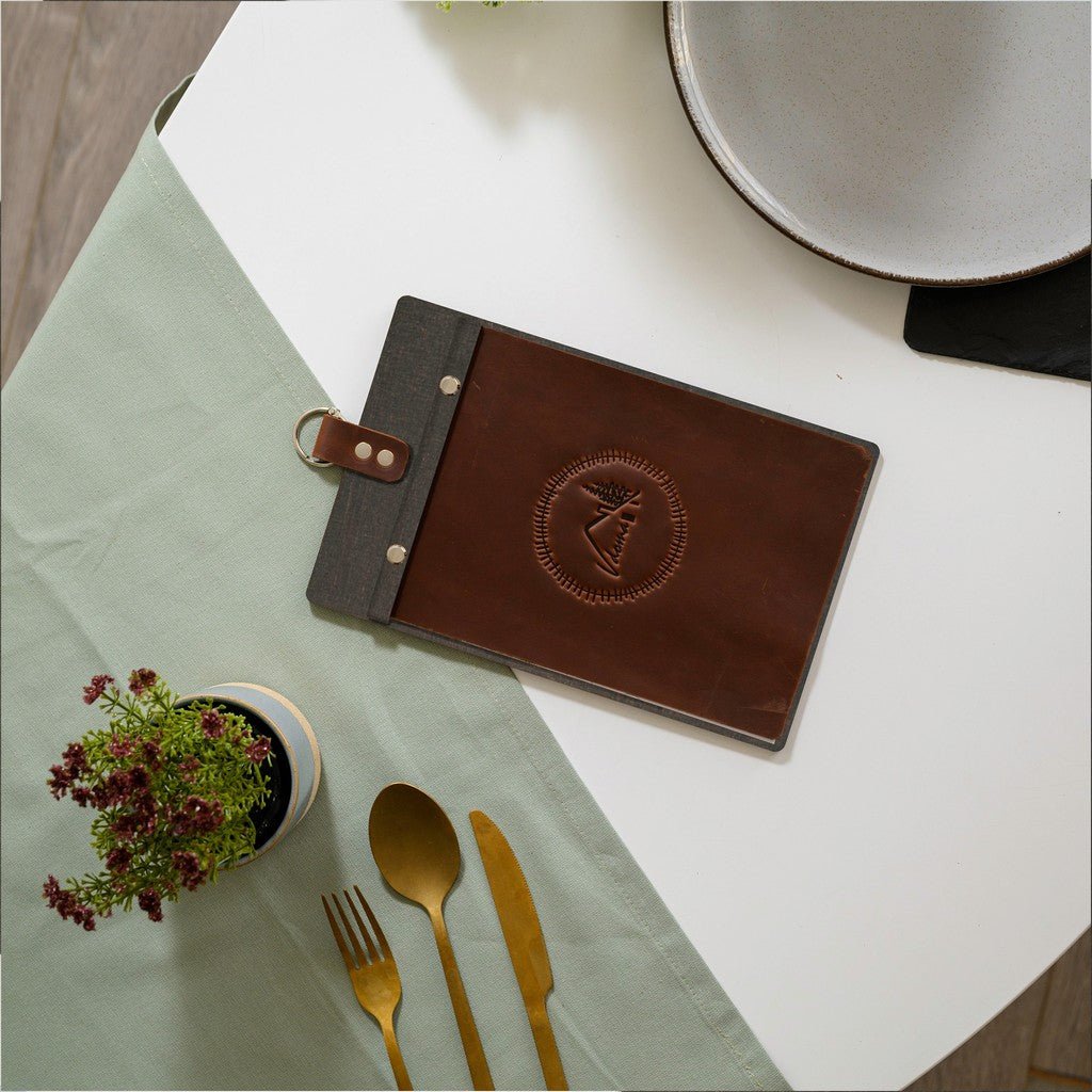 Wooden Menu Board with Crazy Horse Leather Cover and Handling (P02A5) - inkohoreca - shop