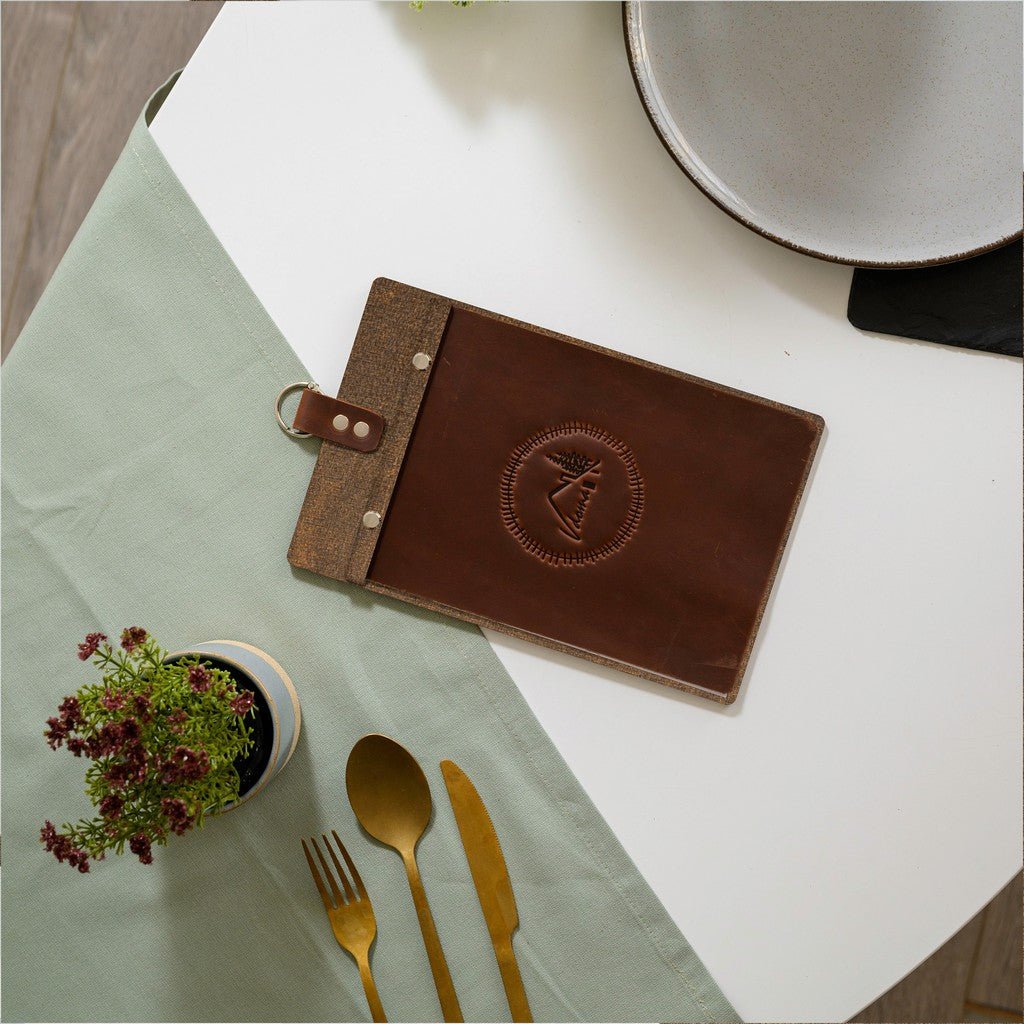 Wooden Menu Board with Crazy Horse Leather Cover and Handling (P02A5) - inkohoreca - shop