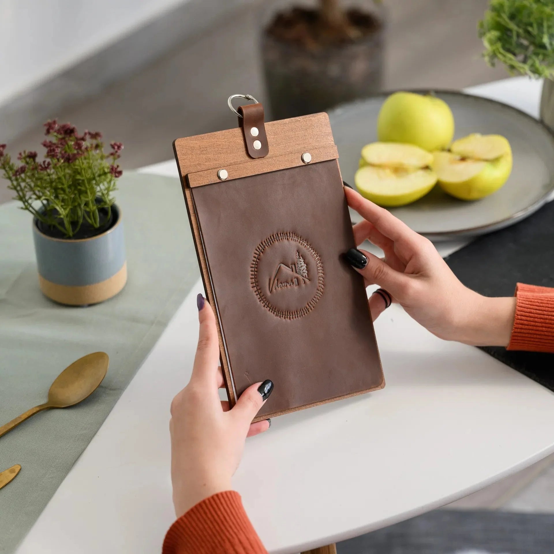 Wooden Menu Board with Crazy Horse Leather Cover and Handling (P02A5) - inkohoreca - shop