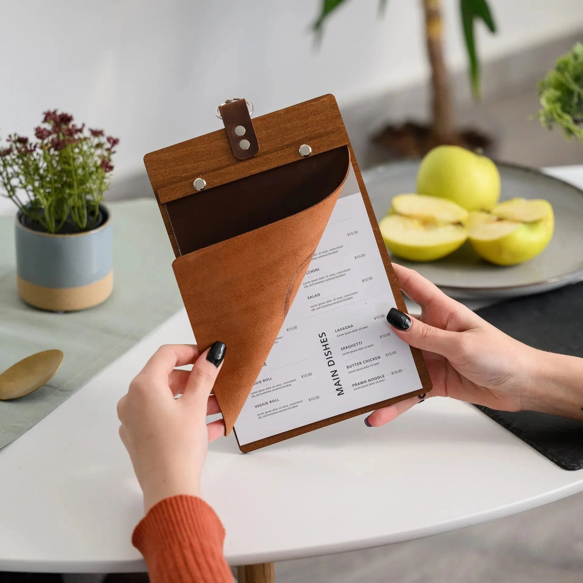 Wooden Menu Board with Crazy Horse Leather Cover and Handling (P02A5) - inkohoreca - shop