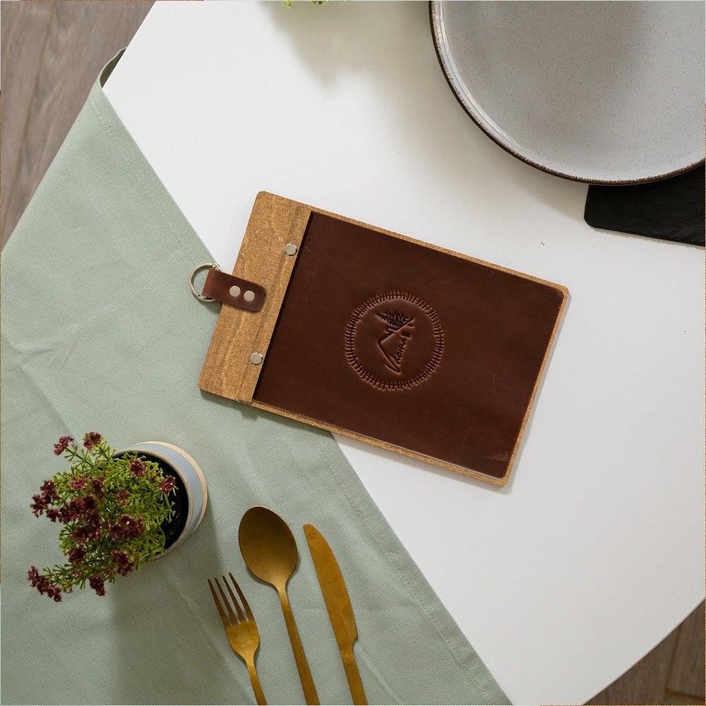 Wooden Menu Board with Crazy Horse Leather Cover and Handling (P02A5) - inkohoreca - shop