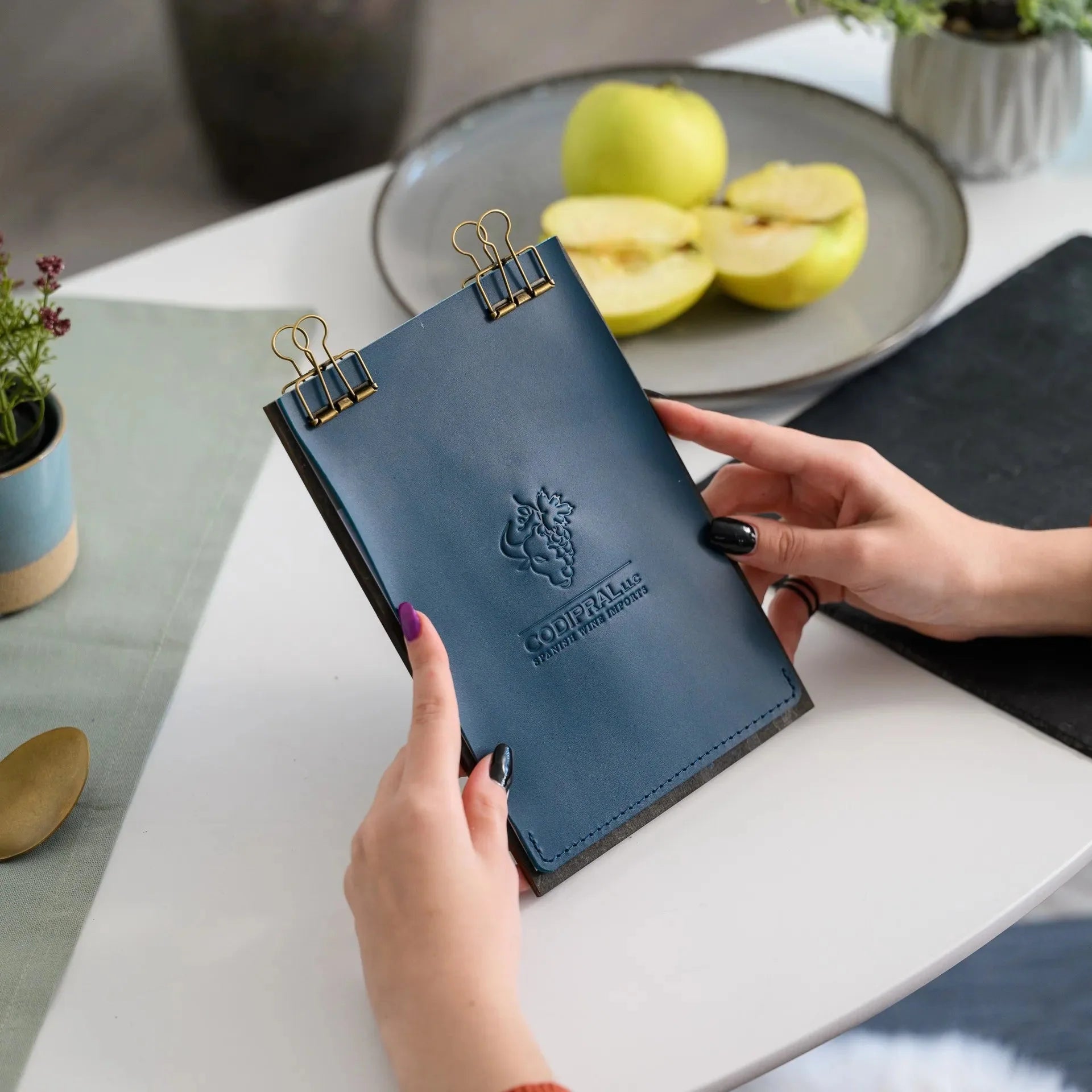 Wooden Menu Board with Leather Cover with Brass Binders (P04A5) - inkohoreca - shop