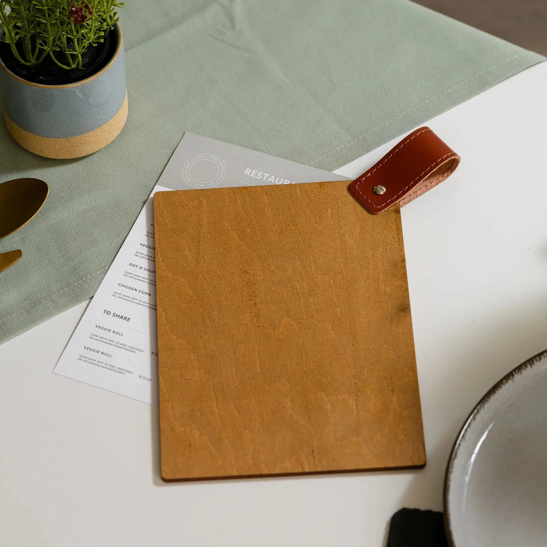 Wooden Menu Board with Leather Handle (P09A5) - inkohoreca - shop
