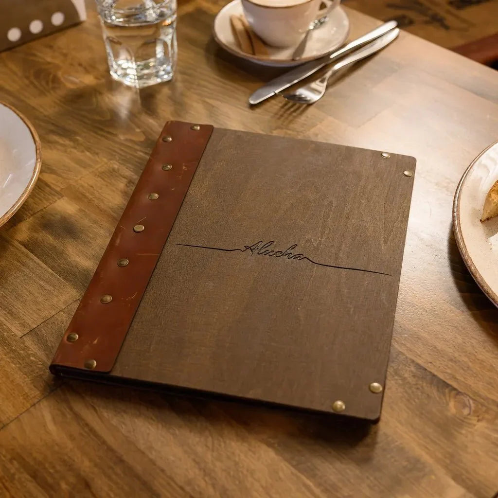 Eco-friendly menu cover ideas made from reclaimed wood.