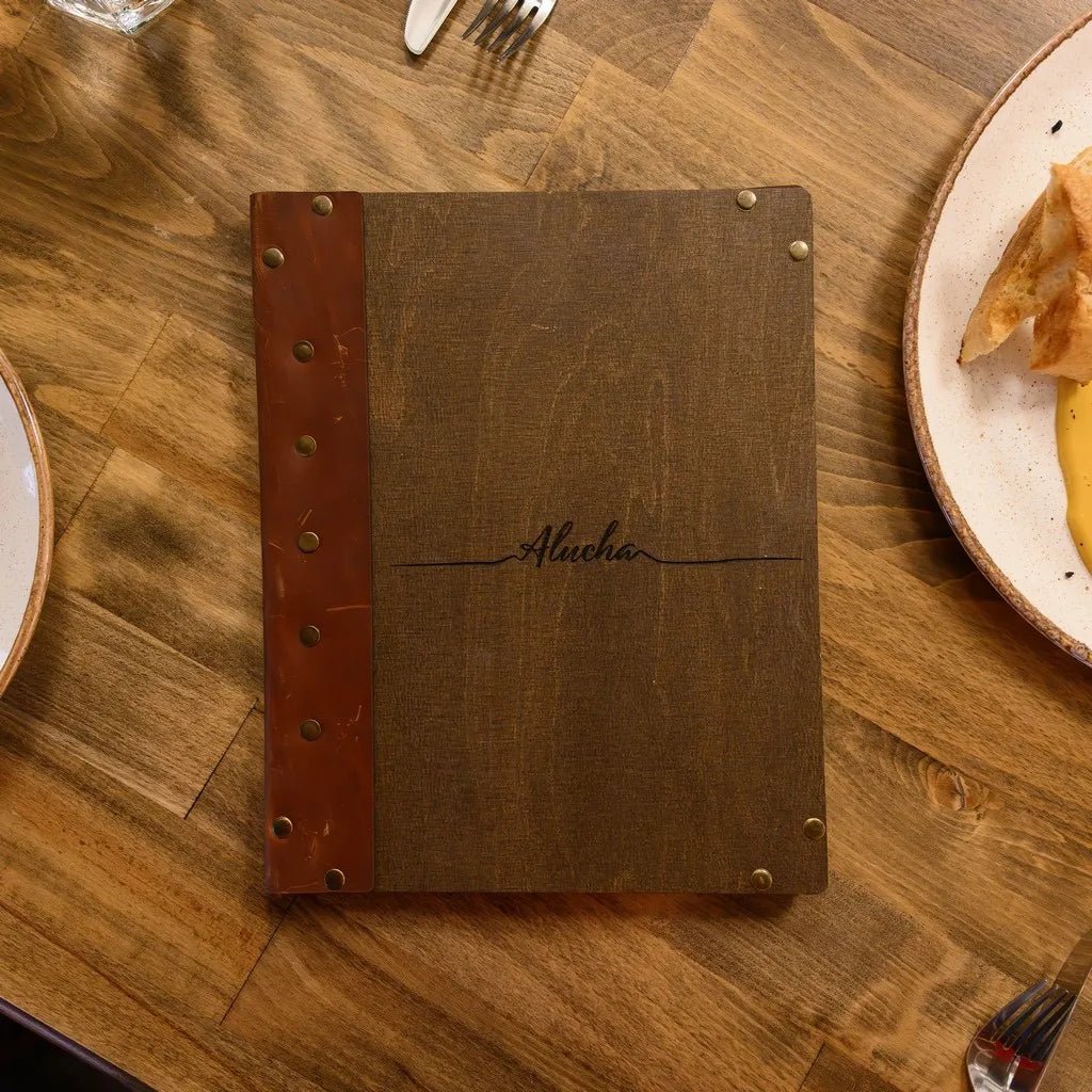 Protective menu sleeves with a wooden aesthetic.