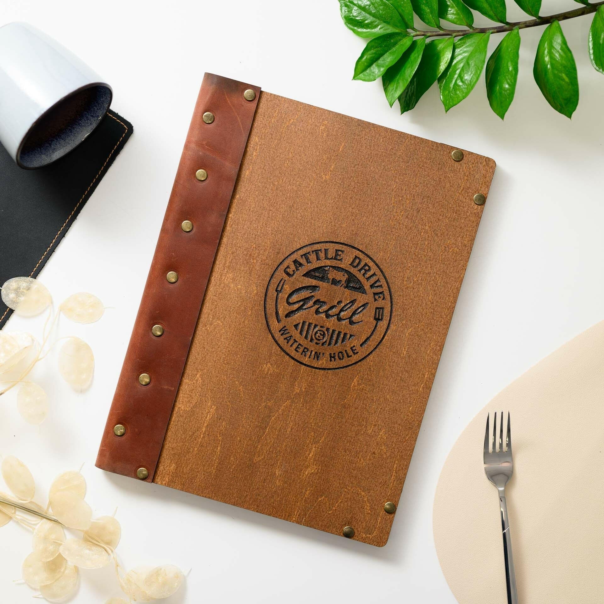 Wooden Menu Clipboard with Leather Spine (M06A4) - inkohoreca - shop
