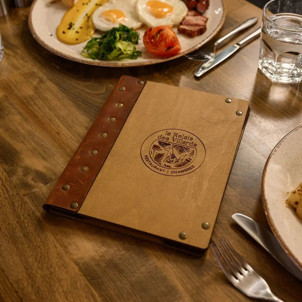 Sleek book menu with high-quality wooden panels.