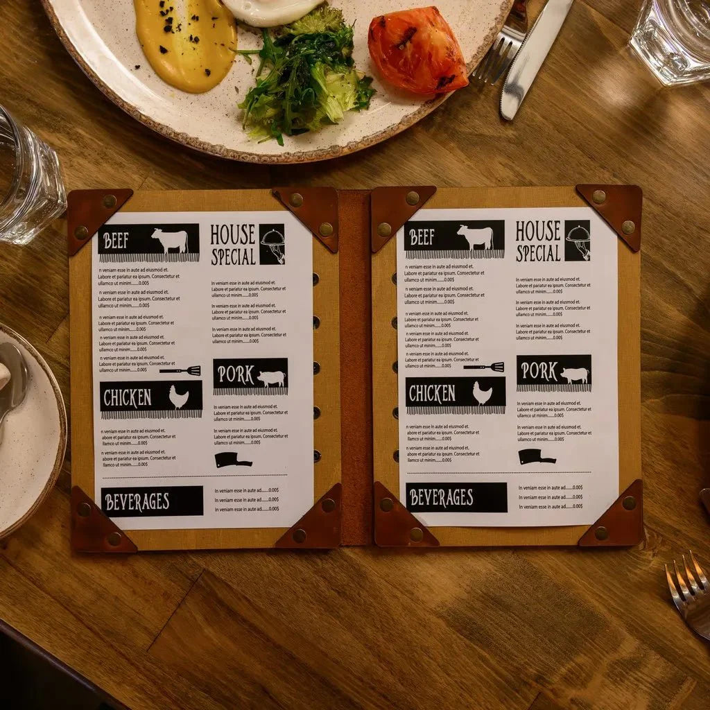 High-end menu cover with laser-cut logo design.