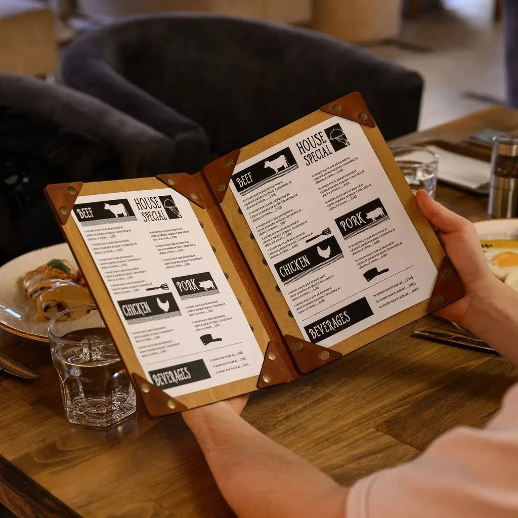 Unique menu cover ideas featuring natural wood grain.