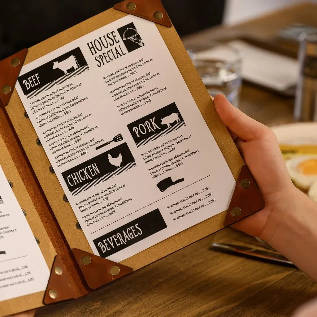 Premium custom menu covers with engraved logos.