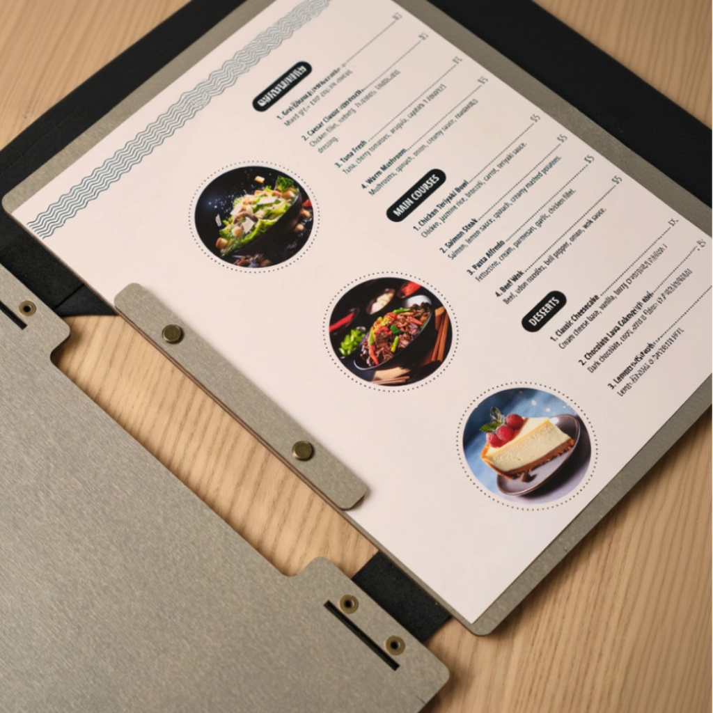High-angle close-up of an open grey wooden menu folder with professional printed inserts. The image showcases the unique internal screw-post binding system with bronze hardware and a black leather spine on a light wood tabletop