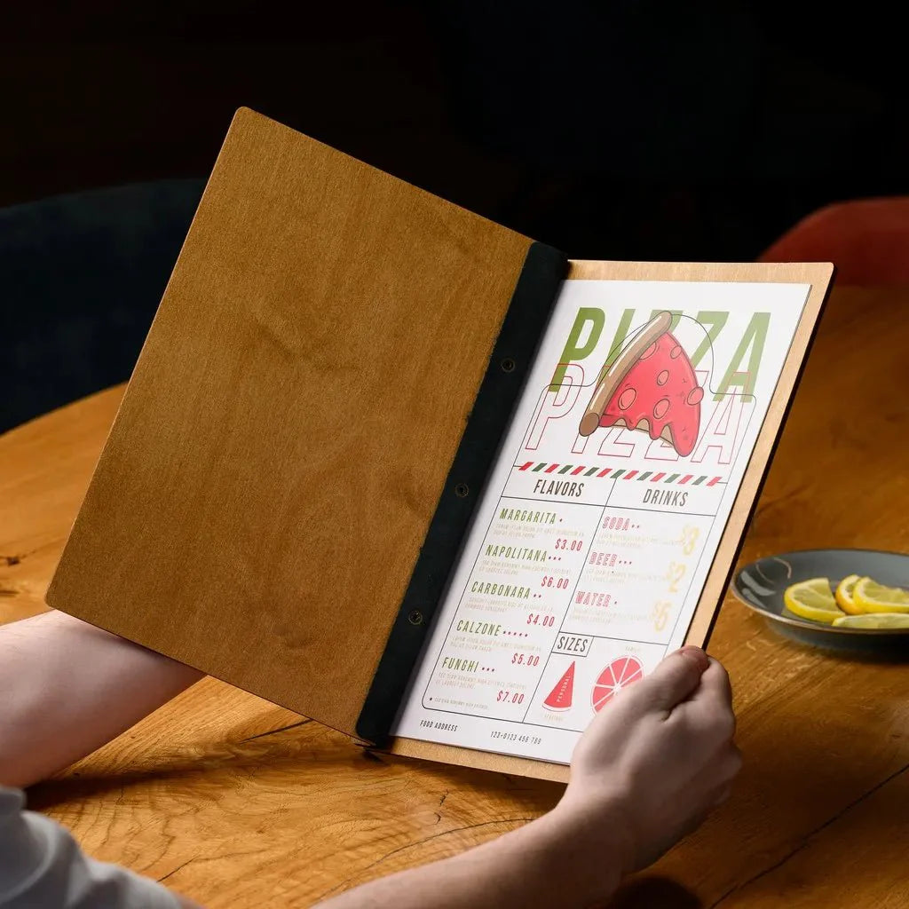 Functional wooden menu sleeves for restaurants with a premium look.