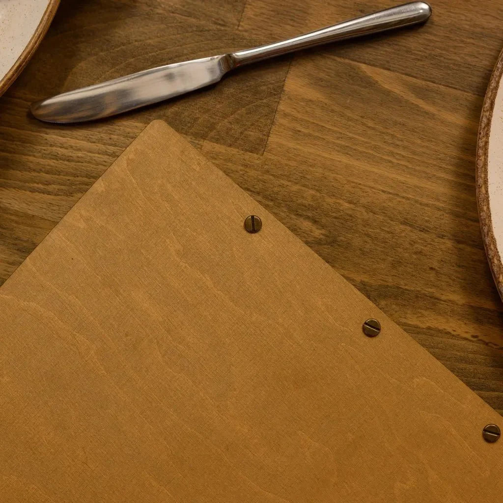 Custom menu sleeves for restaurants with modern accents.