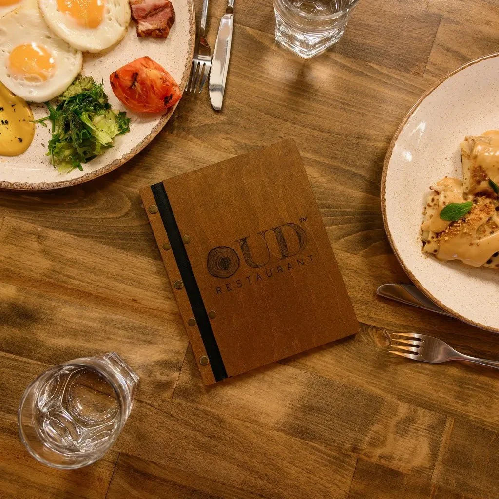 Distinctive restaurant menu cover with a modern aesthetic.