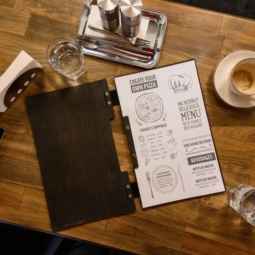 Functional menu sleeves for restaurants with reinforced edges.