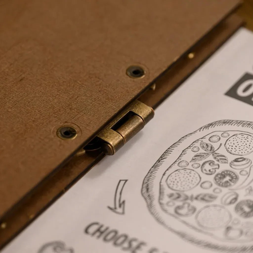 Elegant menu covers that blend wood and leather.