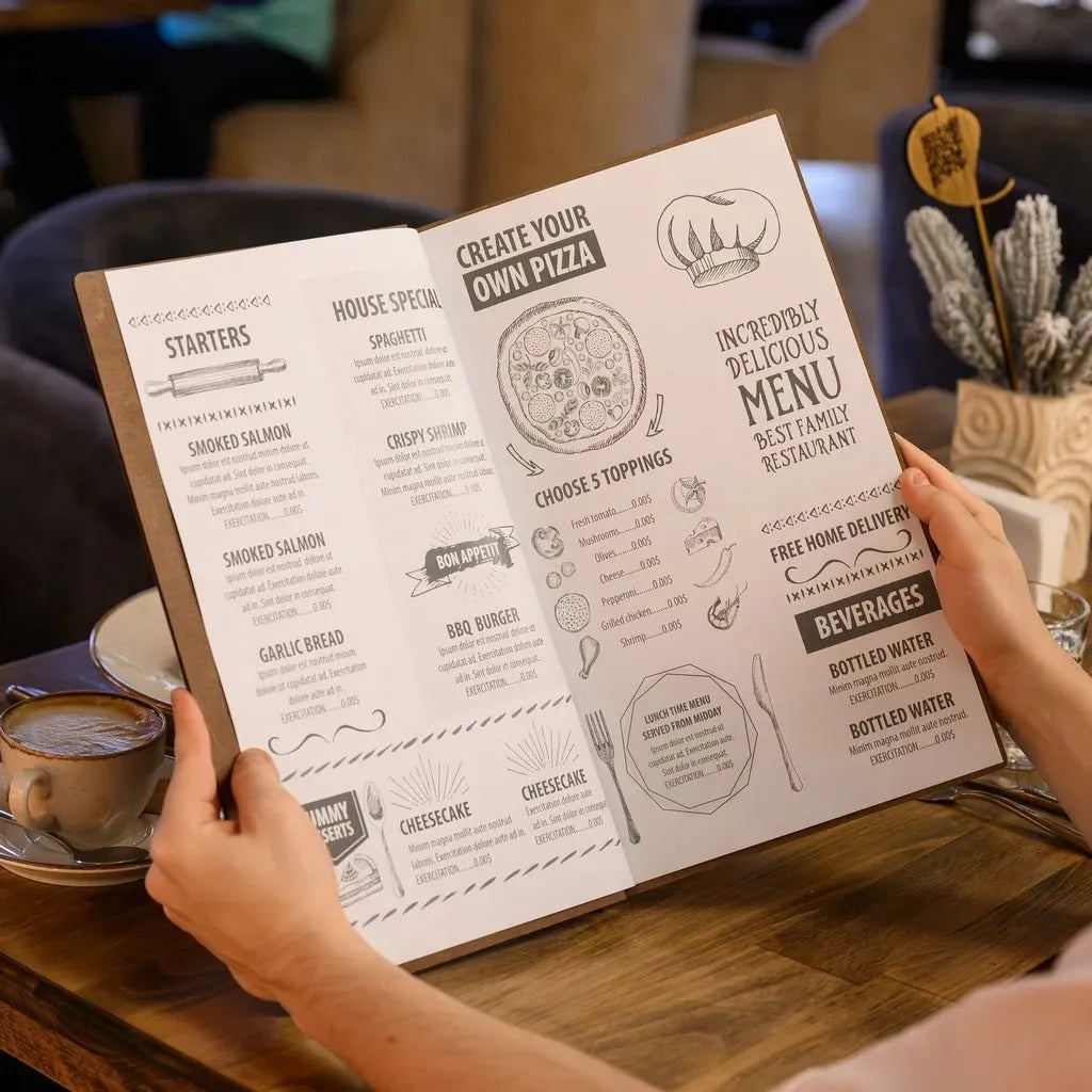 Trendy menu folder with an elegant wooden texture.