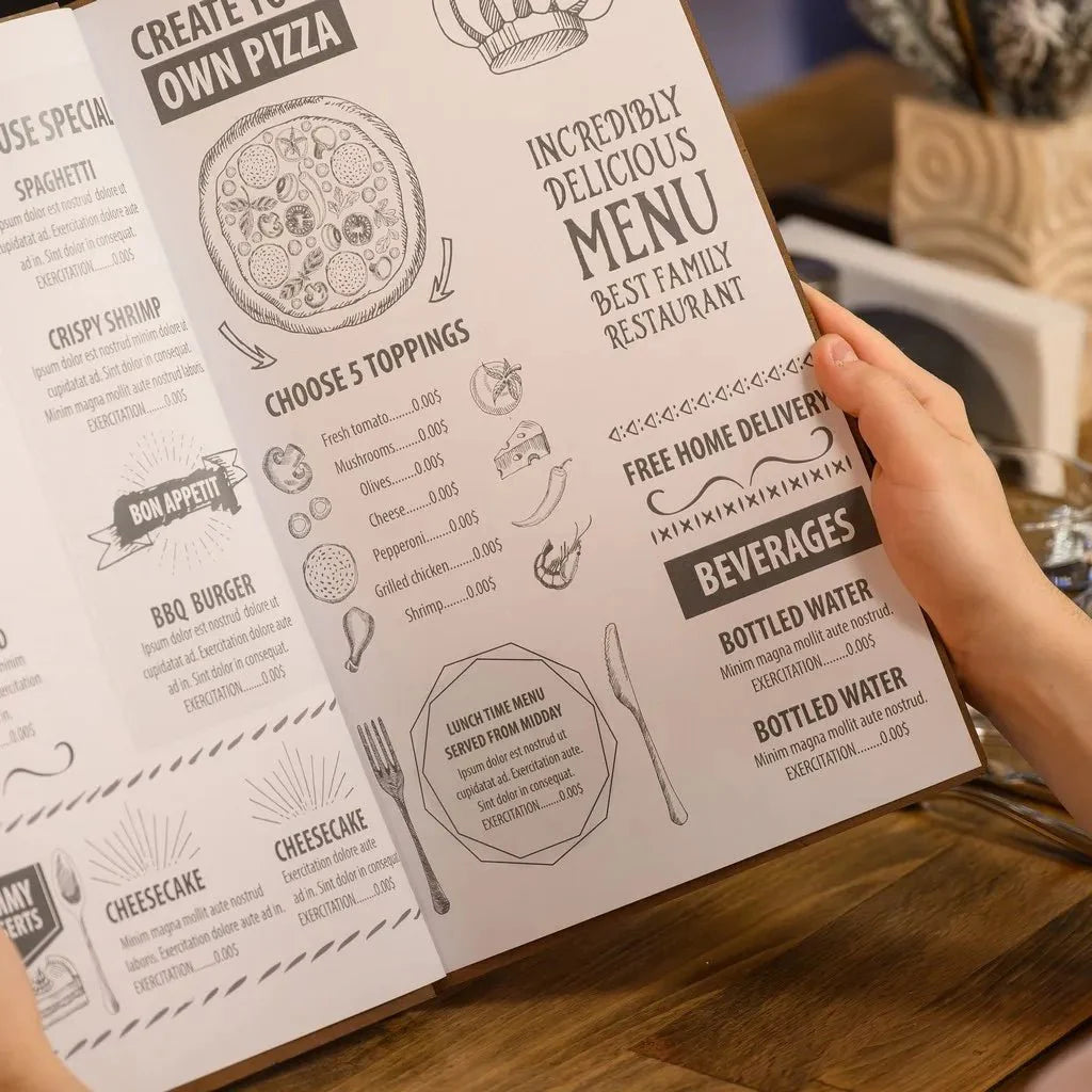 Sophisticated menu books with smooth wood grain.