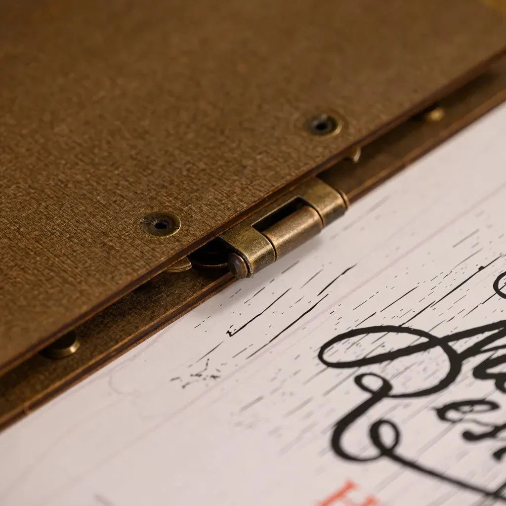 Practical menu folder with a sleek wooden touch.