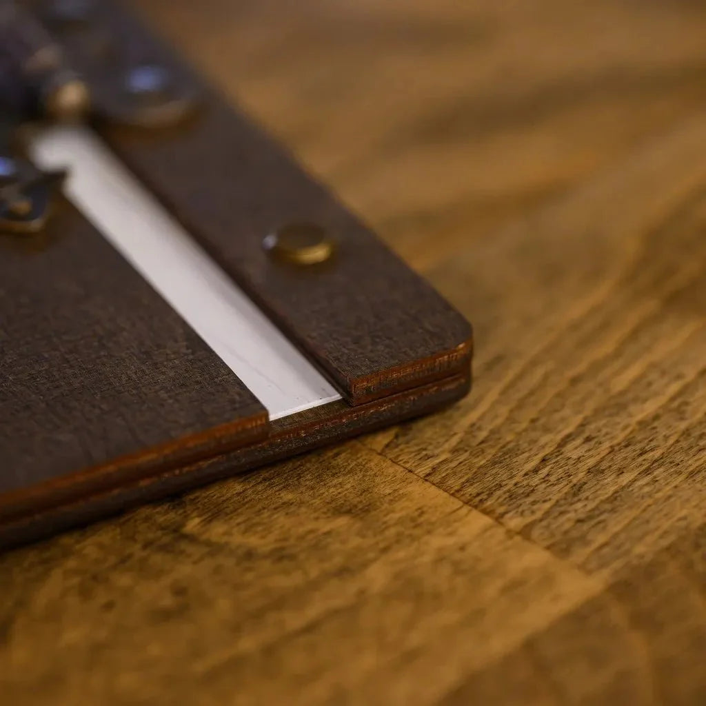 Modern book menu crafted from polished oak.