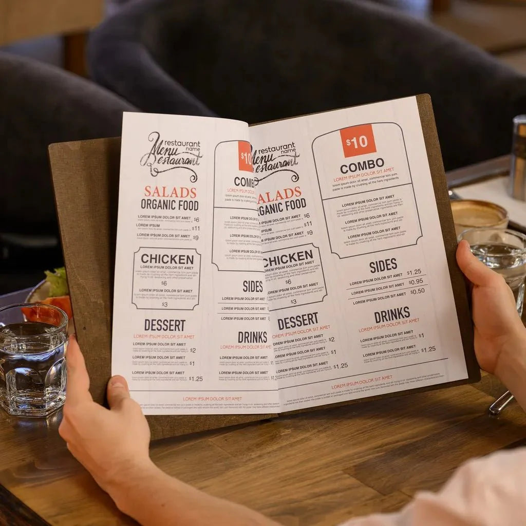 Elegant wooden menu cover with a glossy finish.