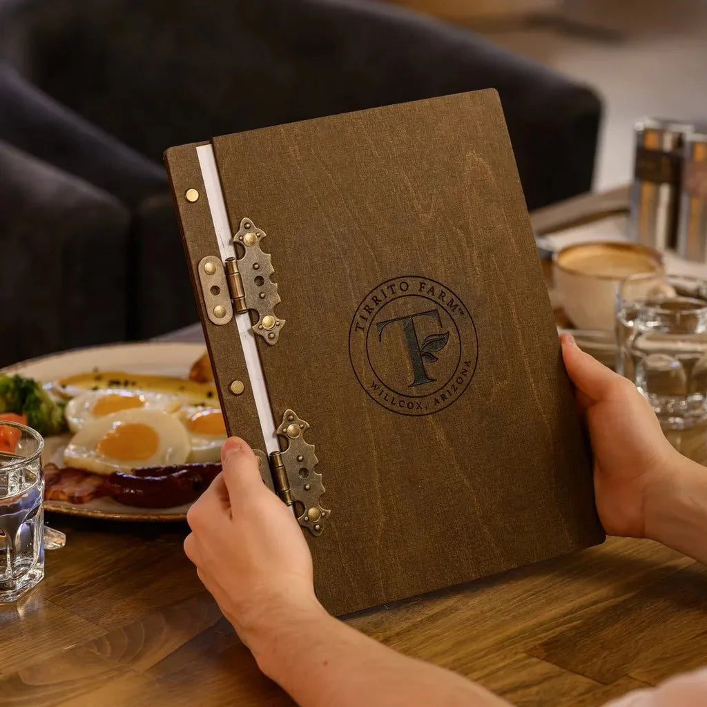 Stylish menu sleeves with waterproof protection.